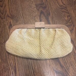 Sondra Roberts woven wood neutral clutch bag purse